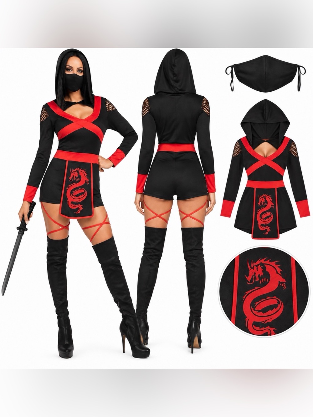 Women’s Ninja Costume Medium Black Red Hooded Romper Halloween Sexy Ninja